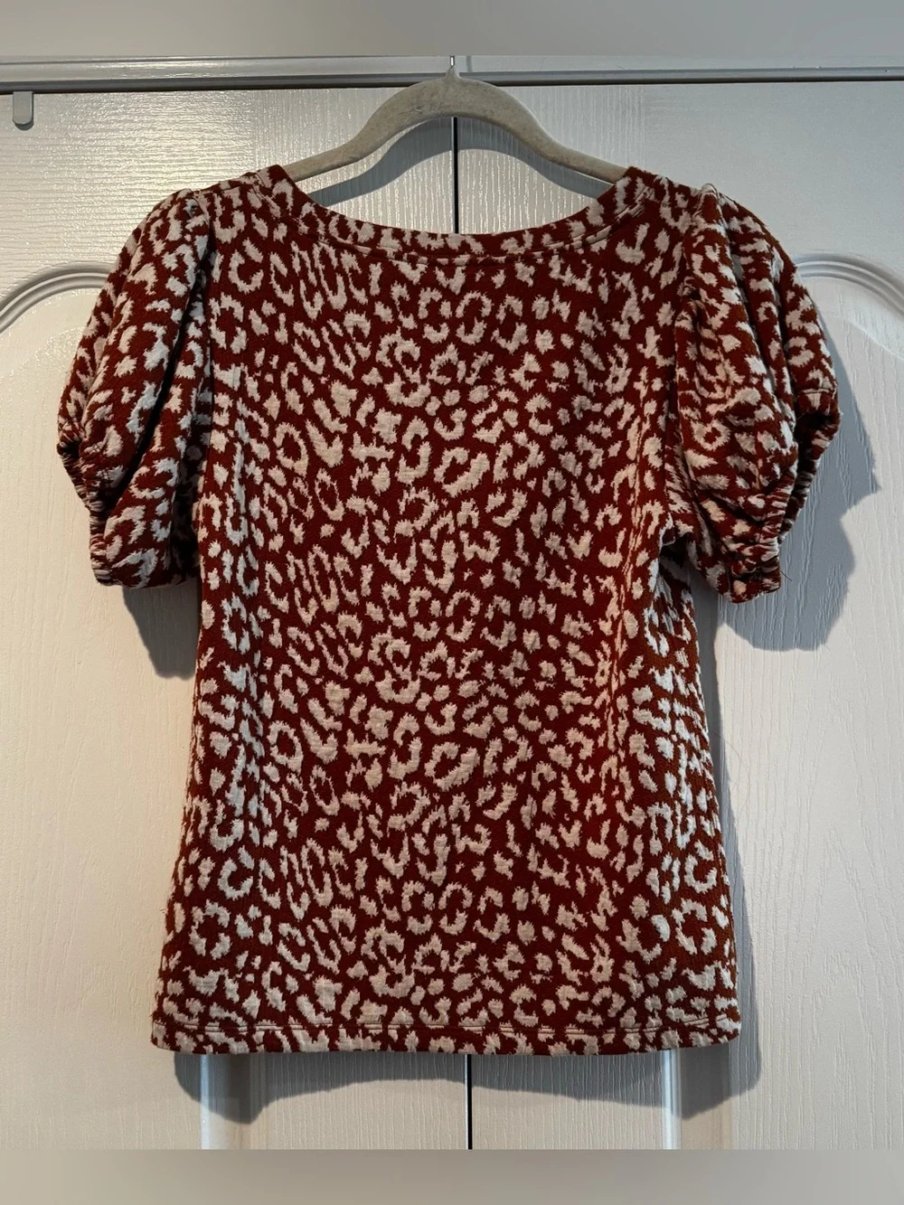 Free People Brown and White Leopard Square Neck Puff Sleeve Blouse - Size M